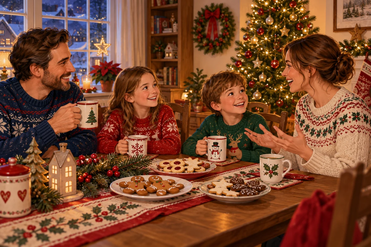 Family sharing biscuits at a Christmas table