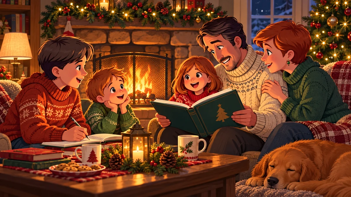 Family sharing creative Christmas storytelling
