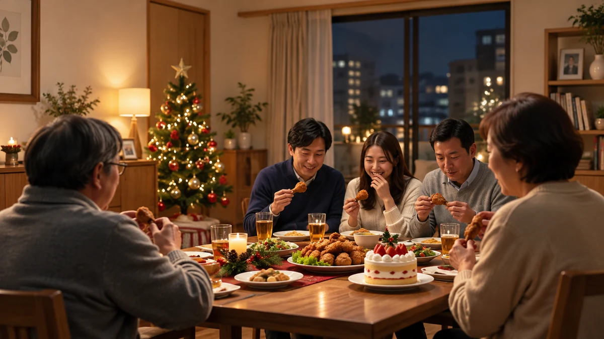 Family sharing fried chicken at Christmas in Japan Family sharing fried chicken at Christmas in Japan