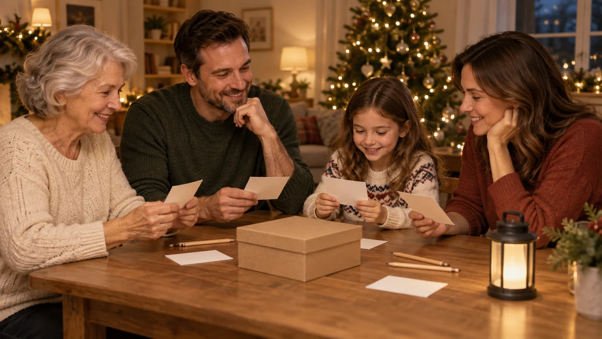 Family sharing memory cards around a festive table Family sharing memory cards around a festive table