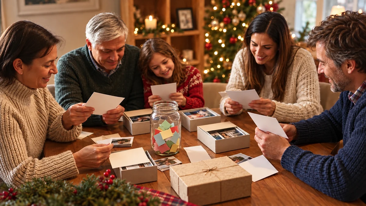 Family sharing memory notes and photographs around a jar