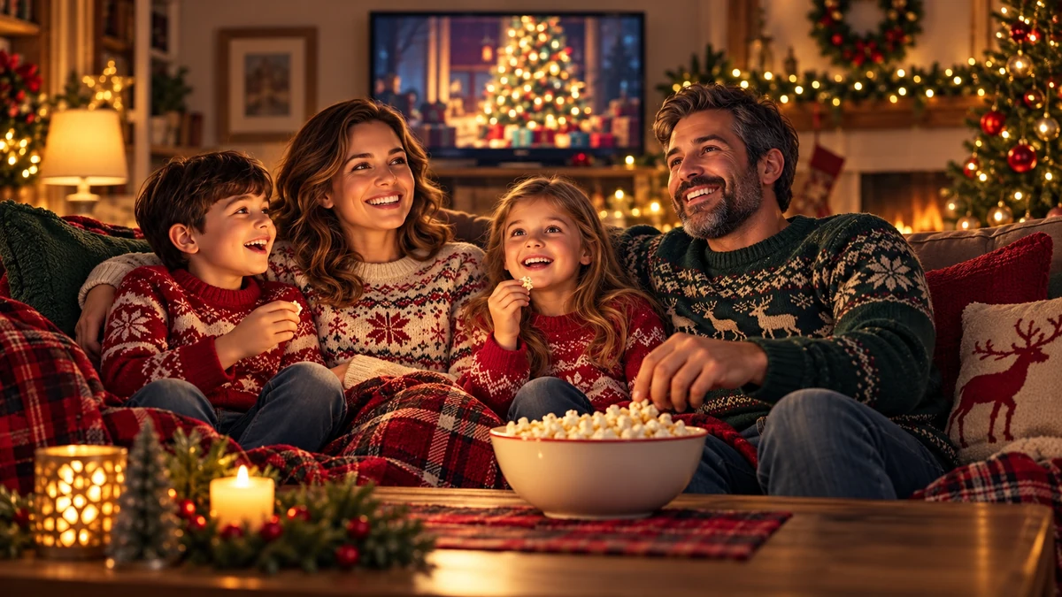 Family sharing popcorn during a Christmas film night