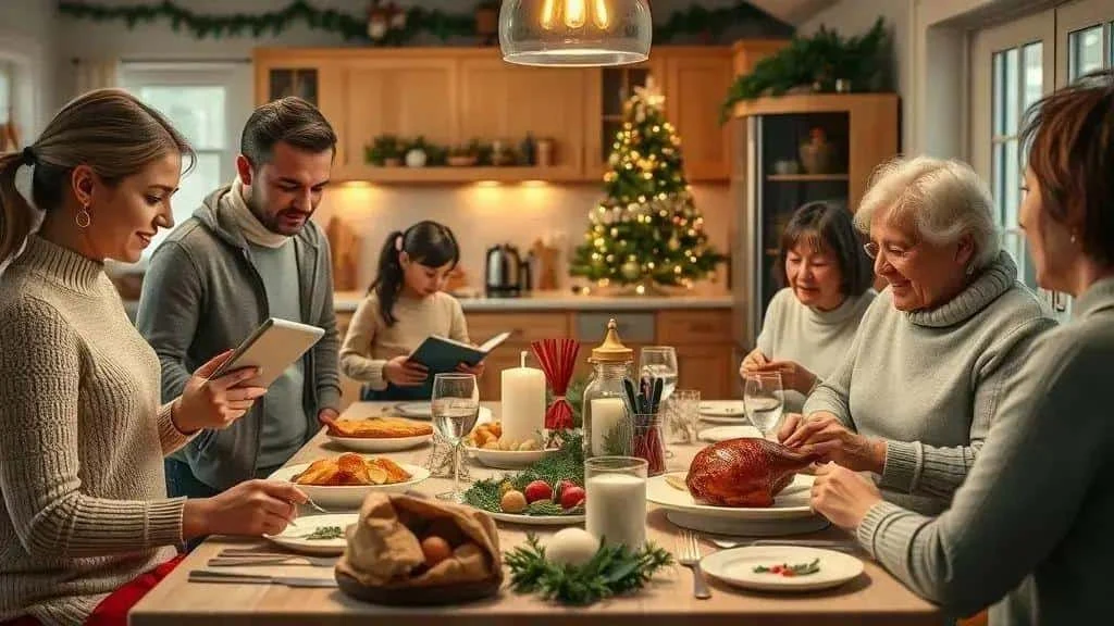 Family sharing recipes and preparing a Christmas meal