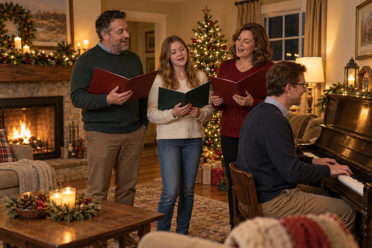 Family singing beside a piano at Christmas