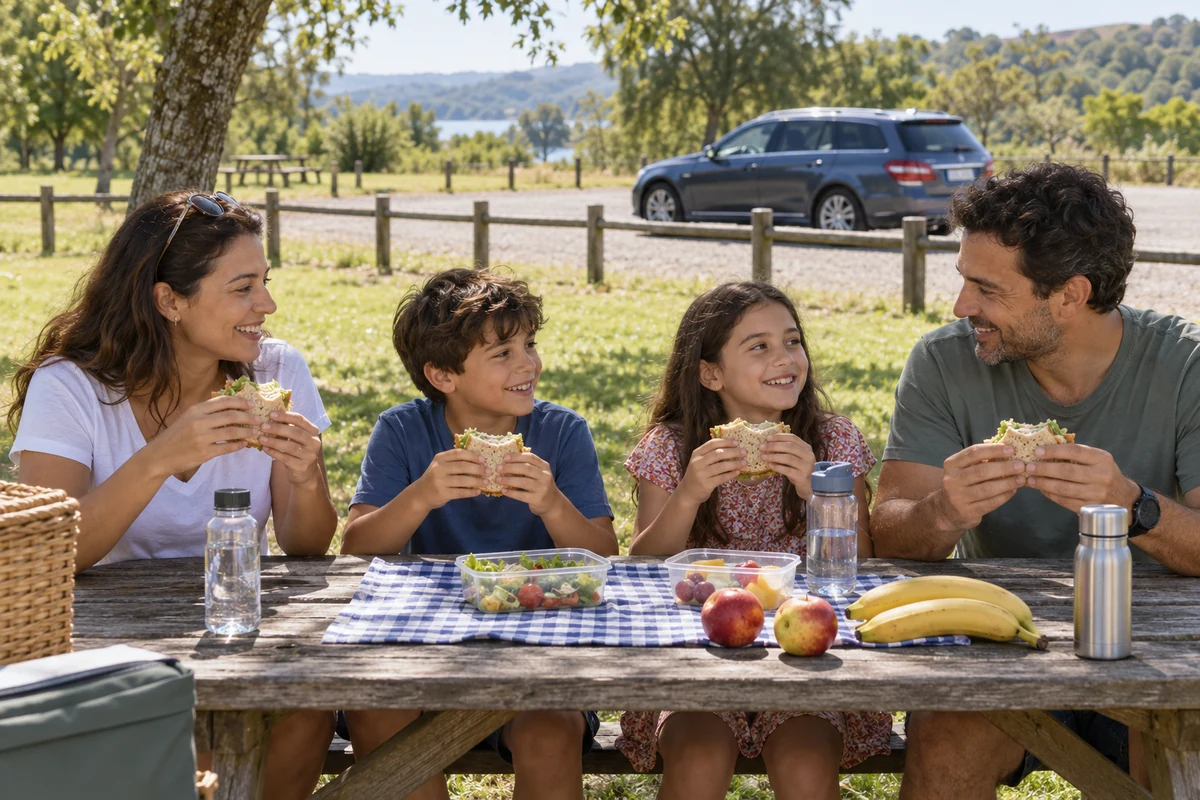 Family taking a picnic break in a grassy rest area