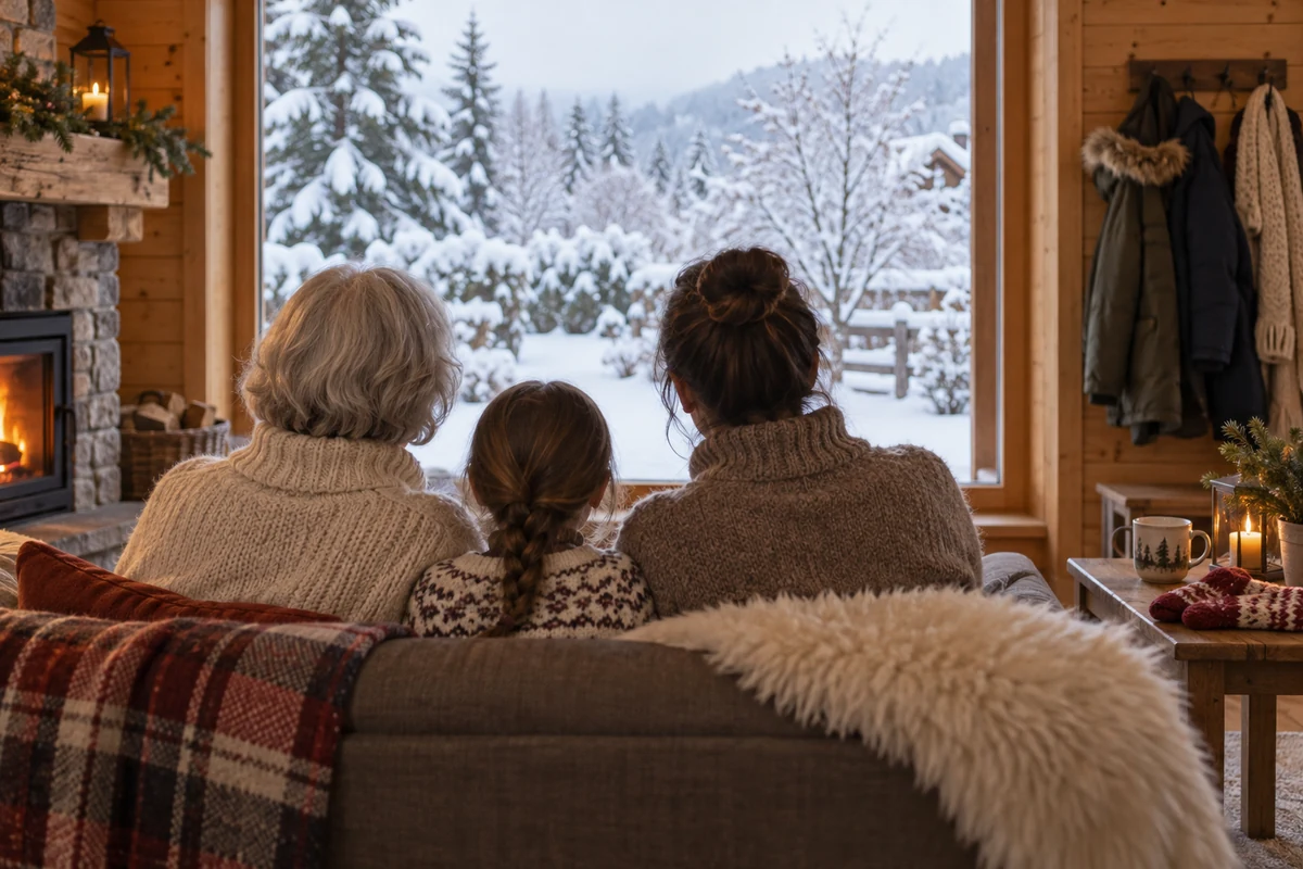Family taking a warm break indoors during a winter holiday