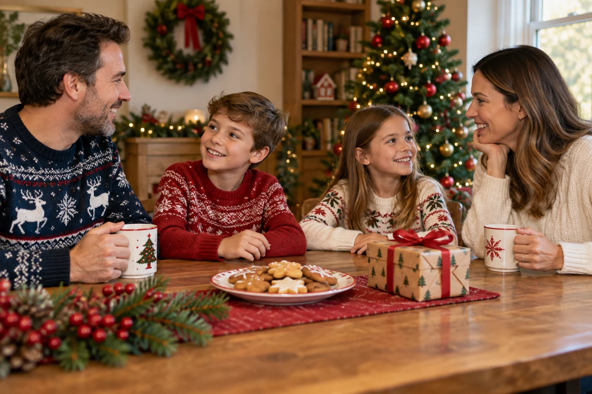 Family talking around a festive table