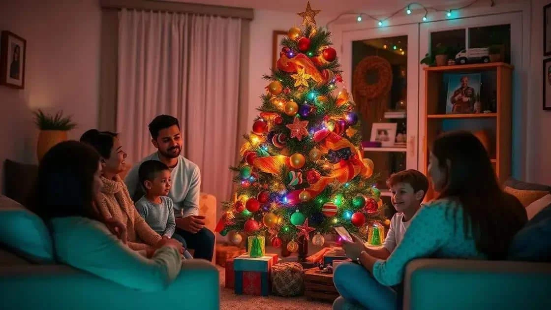 Family talking beside a Christmas tree
