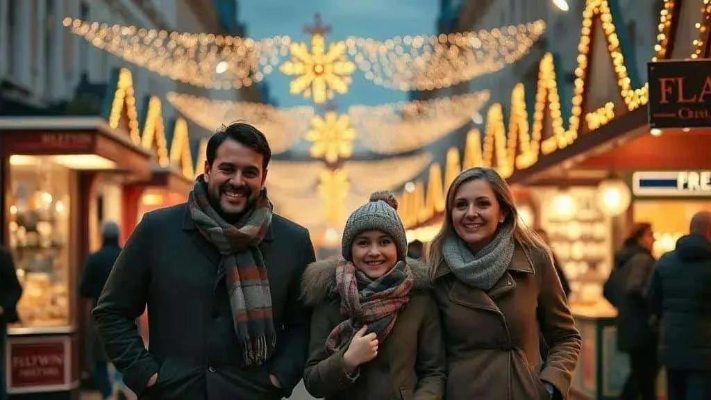 Family visiting a street decorated with Christmas lights