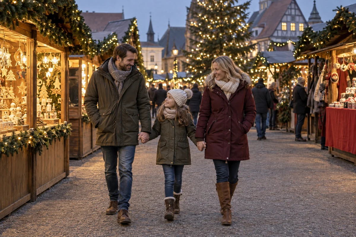 Family visiting a traditional Christmas market