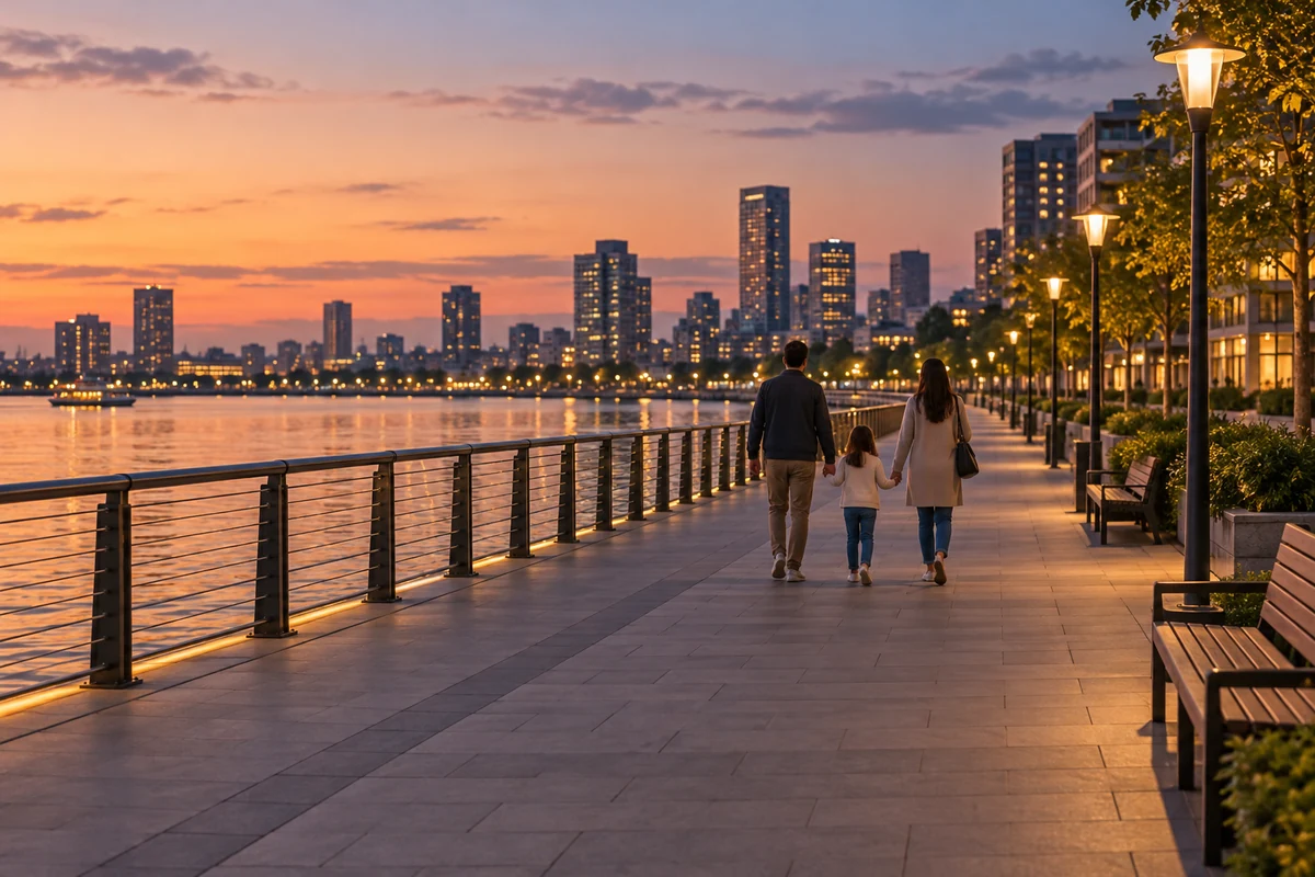 Family walking along a spacious waterfront promenade
