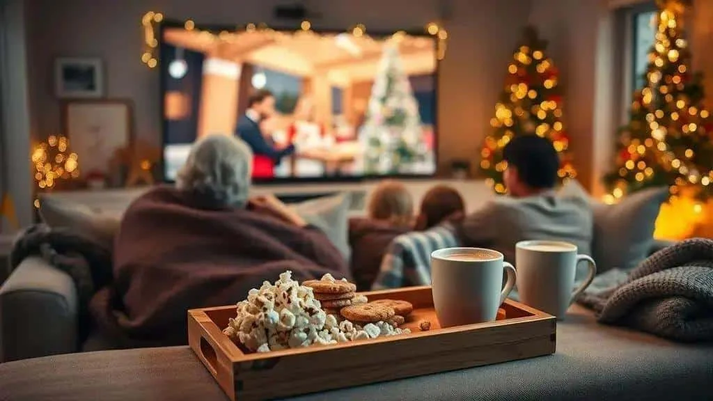 Family watching a Christmas film with drinks and snacks nearby