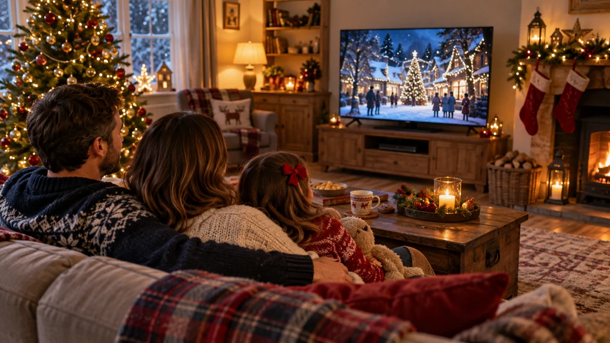 Family watching a Christmas scene on television Family watching a Christmas scene on television