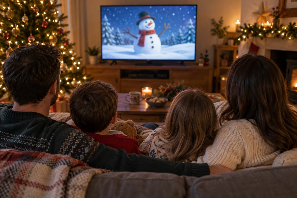 Family watching a generic animated snowman on television