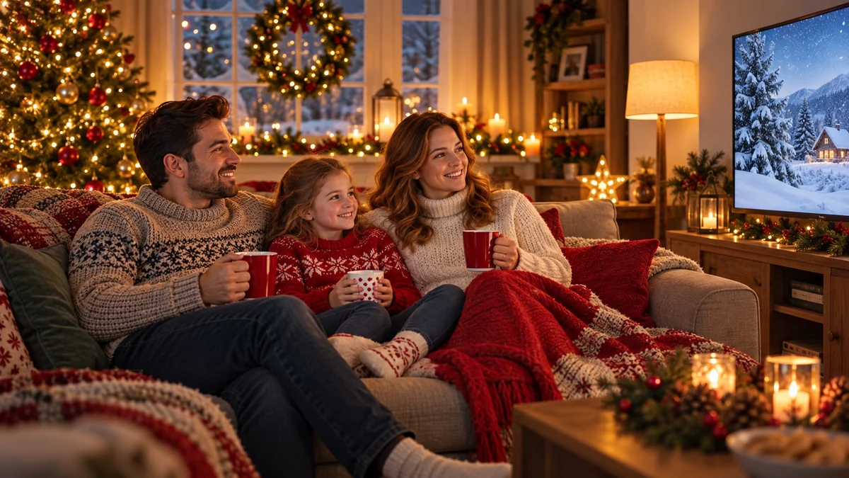 Family watching a snowy scene on television at Christmas