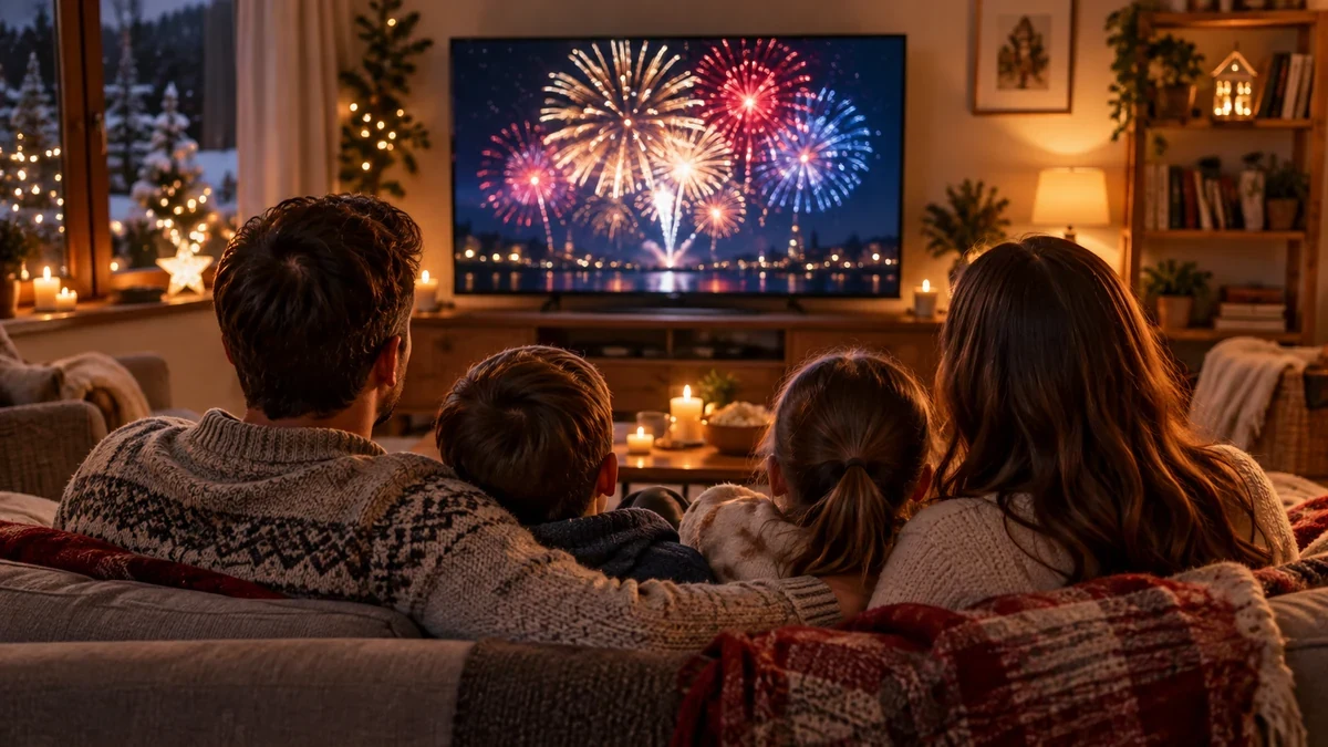Family watching New Year fireworks on television