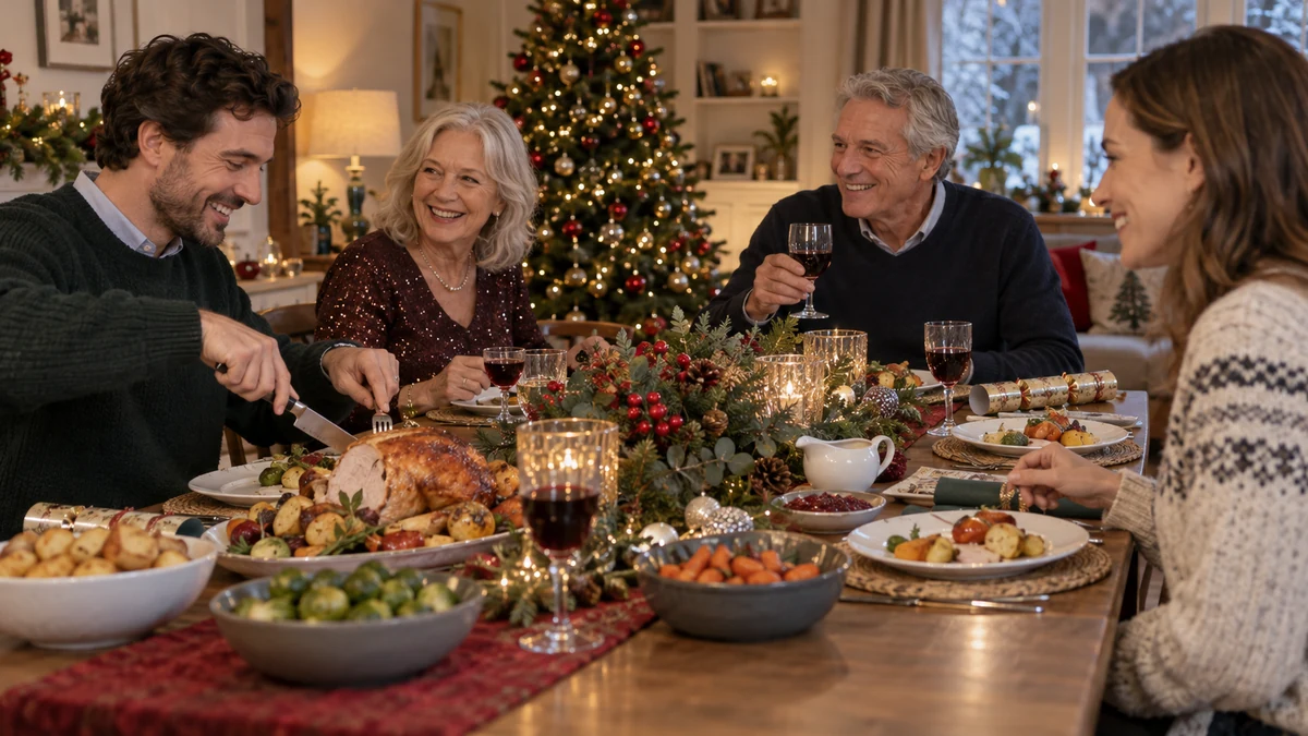 Family wearing comfortable festive clothes at Christmas dinner Family wearing comfortable festive clothes at Christmas dinner