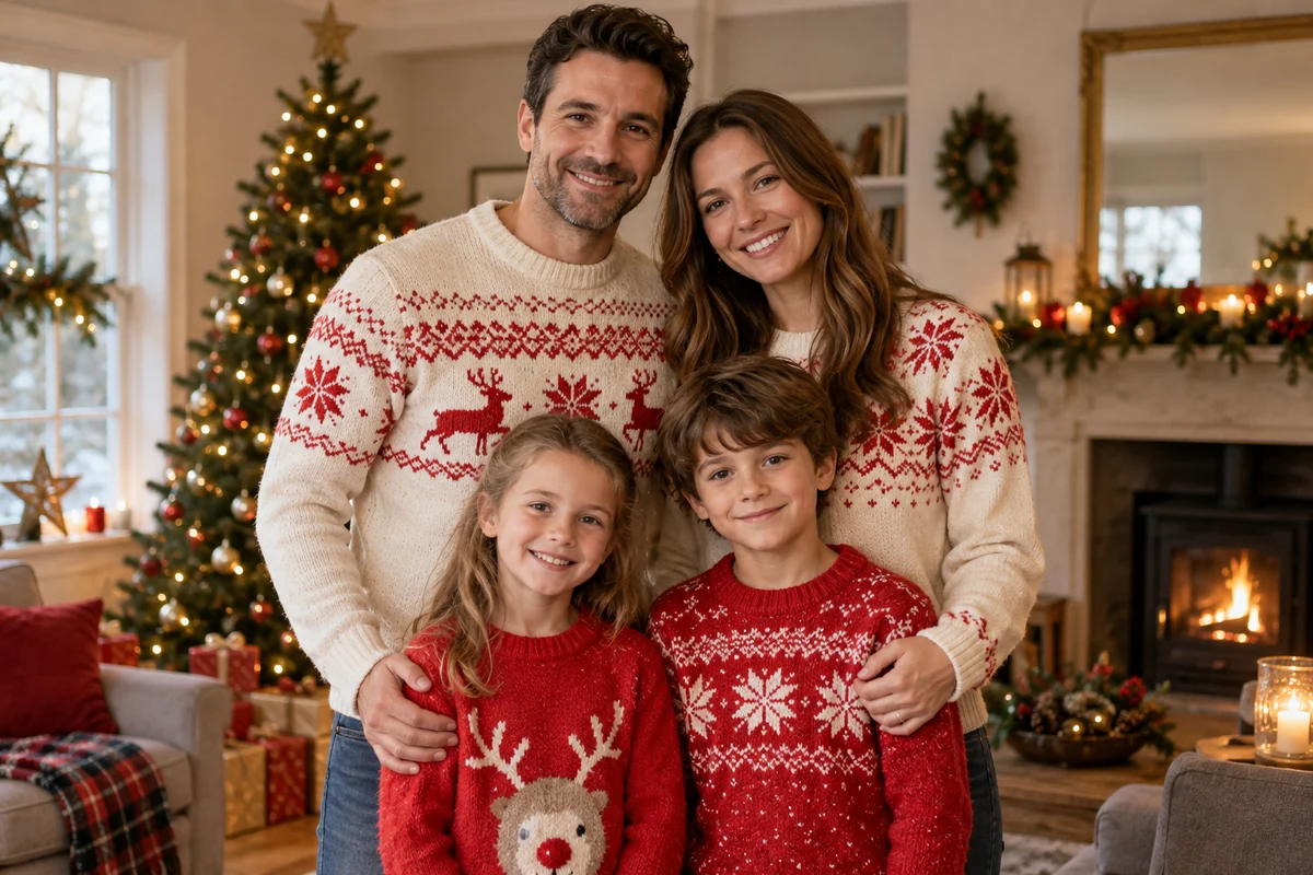 Family wearing cream and red Christmas jumpers