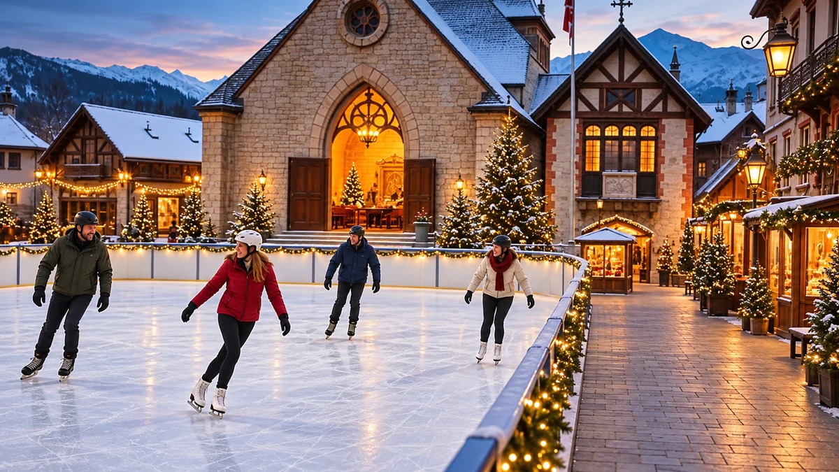 Family wearing helmets at an outdoor ice rink Family wearing helmets at an outdoor ice rink