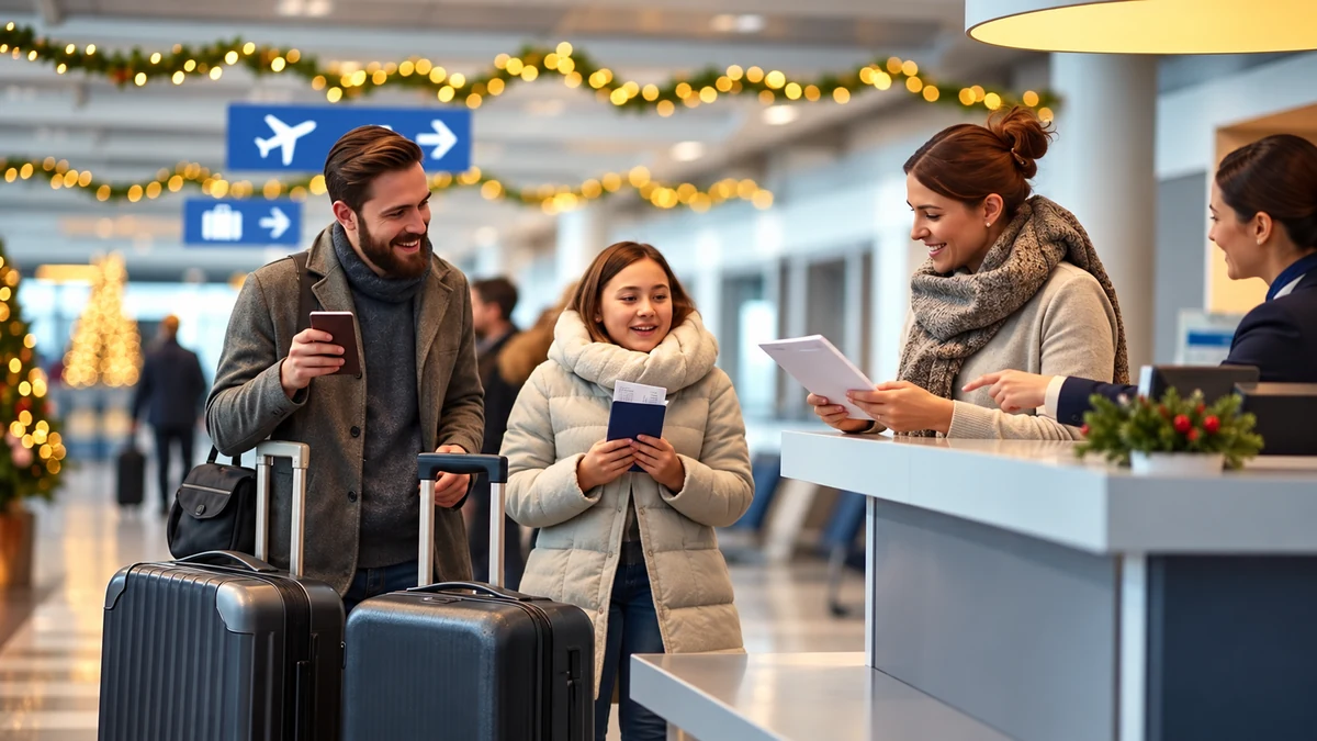 Family with luggage at an airport assistance counter Family with luggage at an airport assistance counter