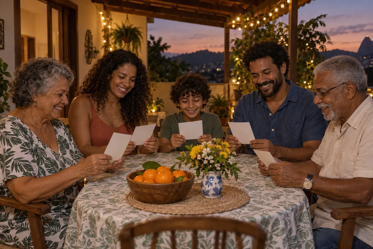 Family writing New Year wishes on an outdoor patio