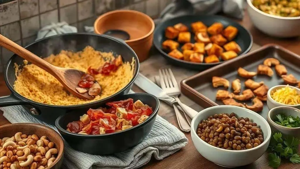 Farofa ingredients and toasted crumbs prepared separately