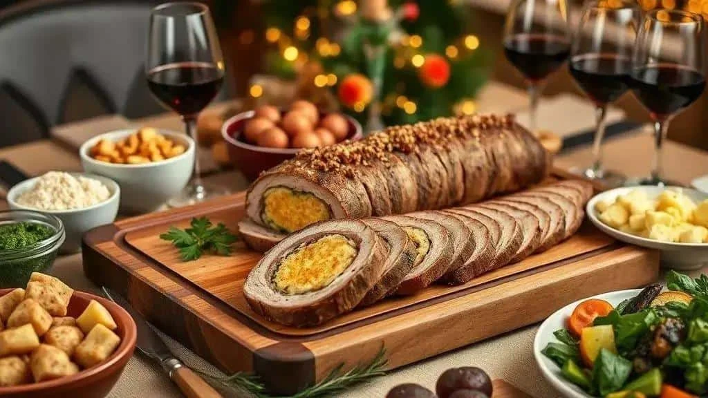 Farofa-stuffed beef roast on a festive table Farofa-stuffed beef roast on a festive table