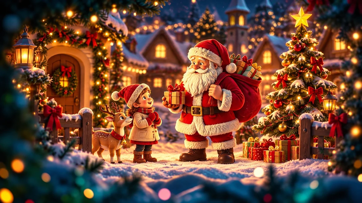 Father Christmas and a child in a snowy village