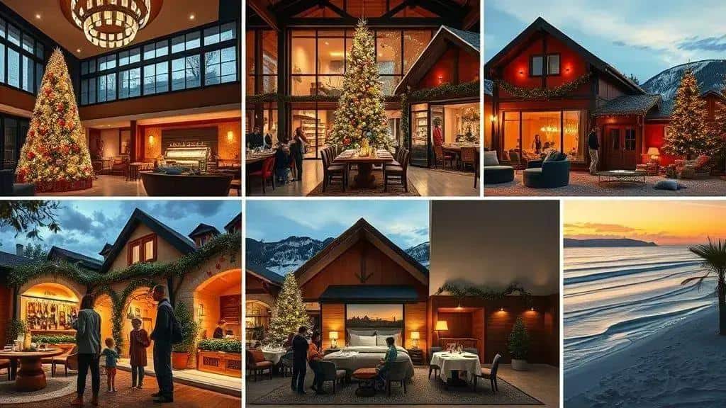 Illustration of different accommodation settings decorated for Christmas