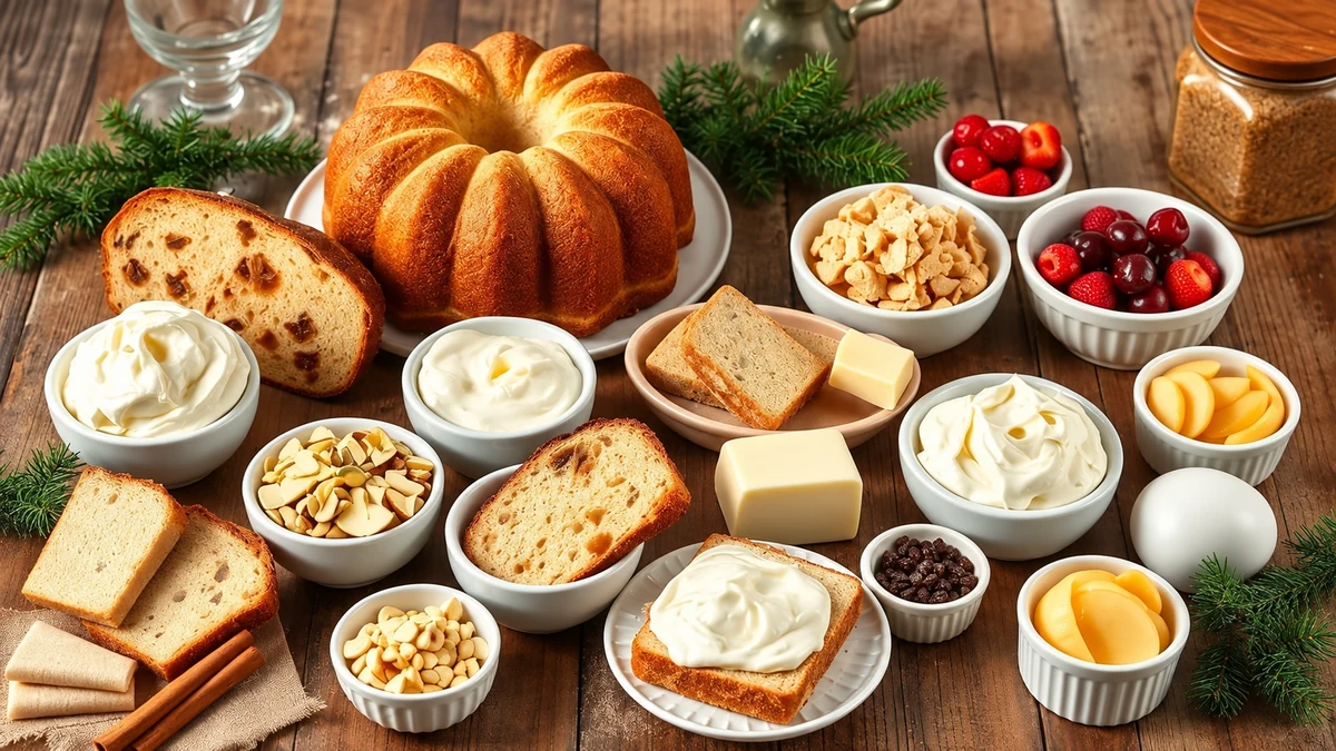 Festive baking ingredients with cake, cream, fruit, nuts and butter