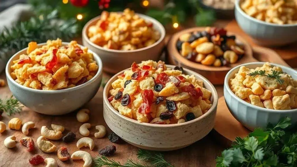 Festive bowls of Brazilian farofa with bacon, fruit and nuts