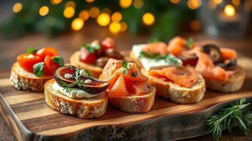 Festive bruschetta with colourful fruit cheese and fish toppings