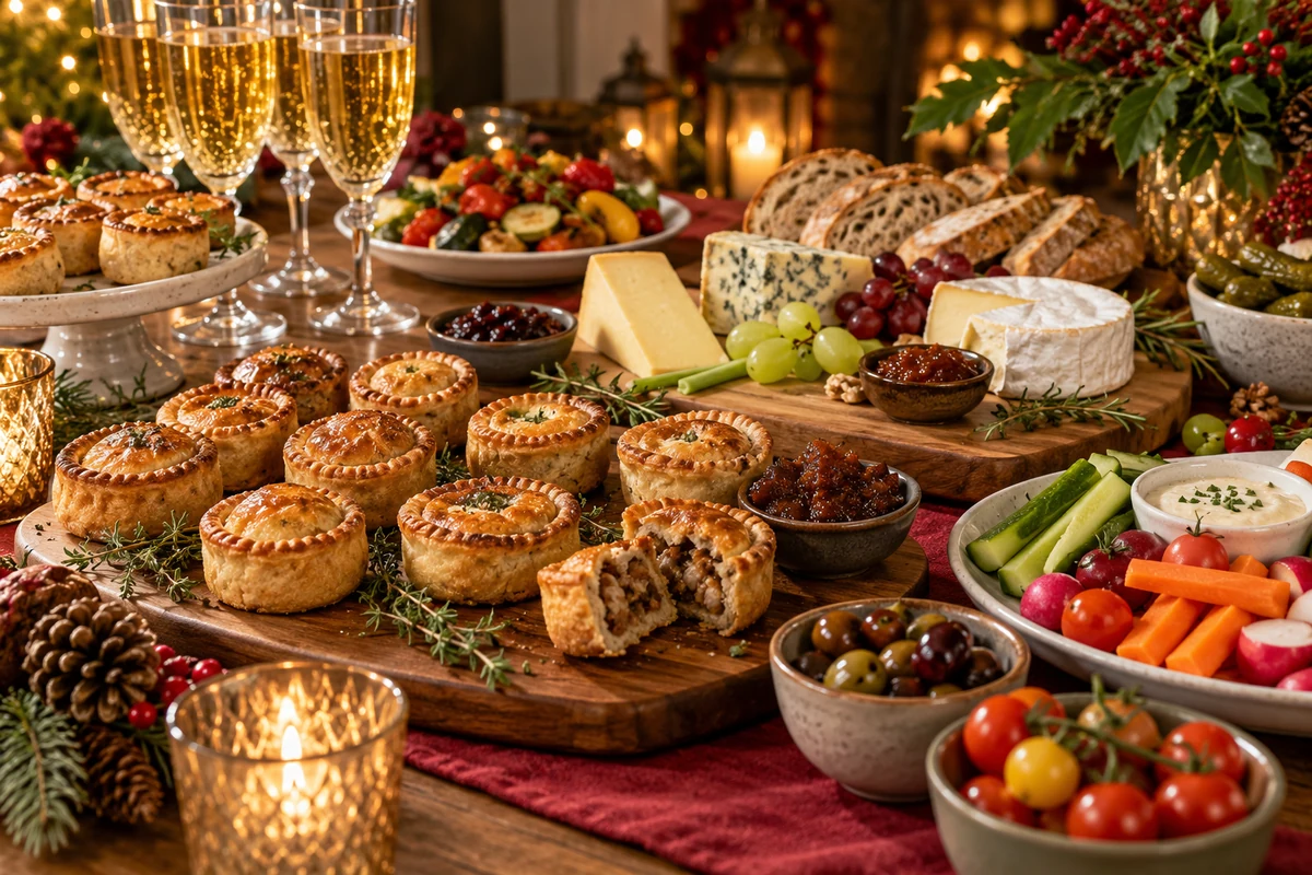 Festive buffet with savoury pies, cheese and vegetable bites Festive buffet with savoury pies, cheese and vegetable bites