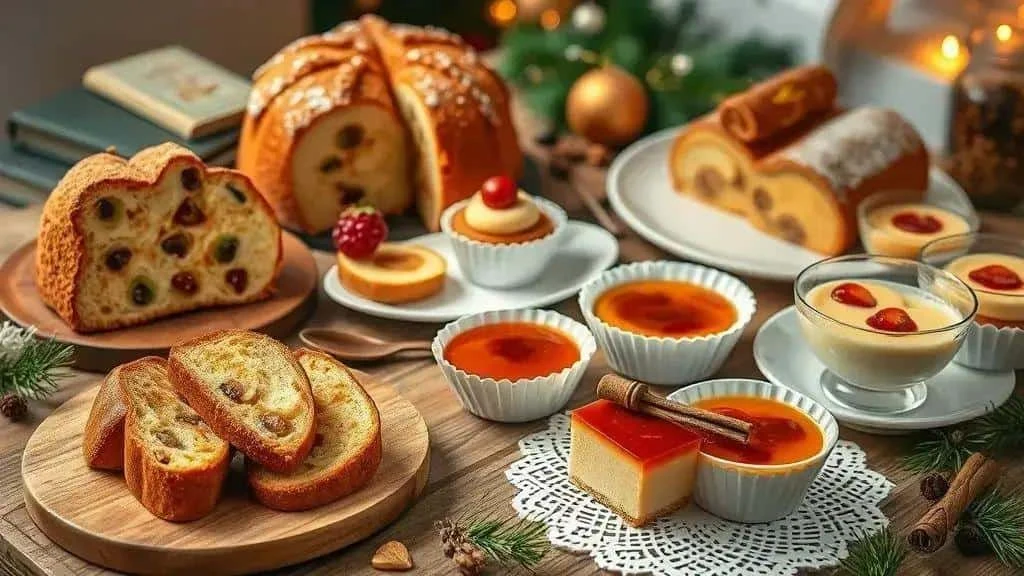 Festive cakes and caramel puddings arranged for sharing