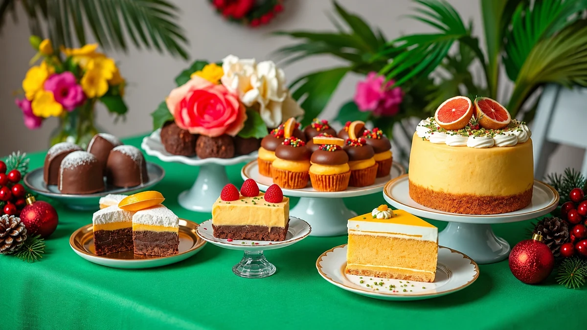 Festive cakes and sweets on a green tablecloth