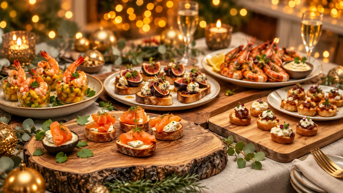 Festive canapes with salmon, figs and cooked prawns