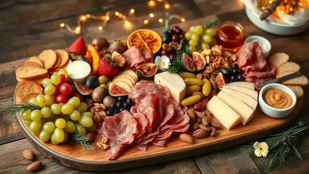Festive cheese and charcuterie board with fruit and crackers Festive cheese and charcuterie board with fruit and crackers