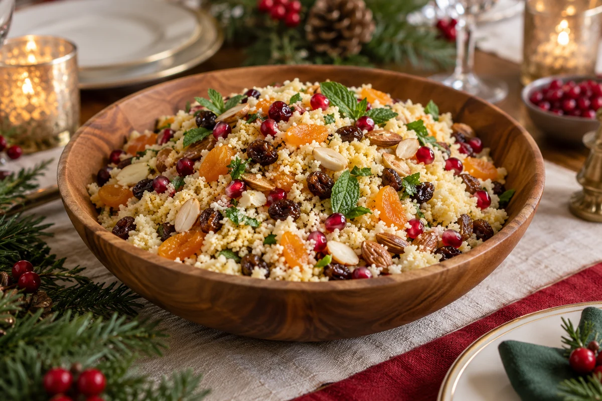 Festive couscous with dried fruit, almonds, pomegranate and mint