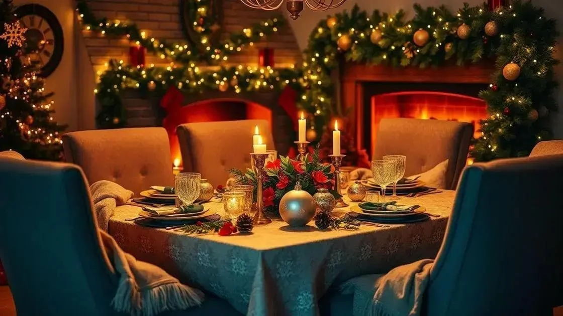 Festive dining table beside a decorated fireplace
