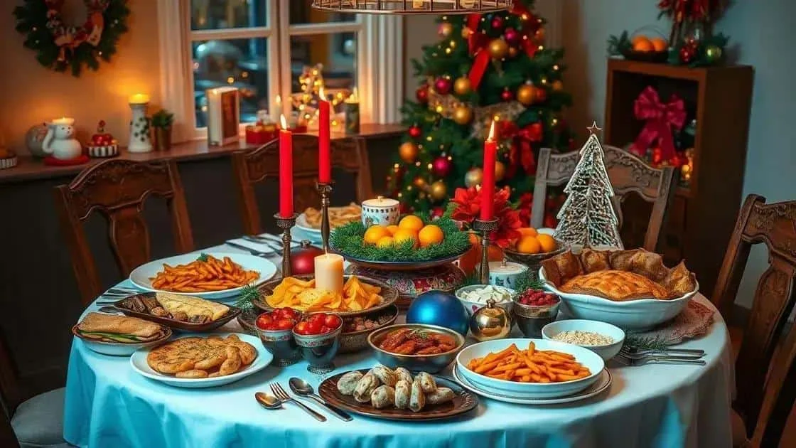 Festive dinner table with a selection of savoury dishes