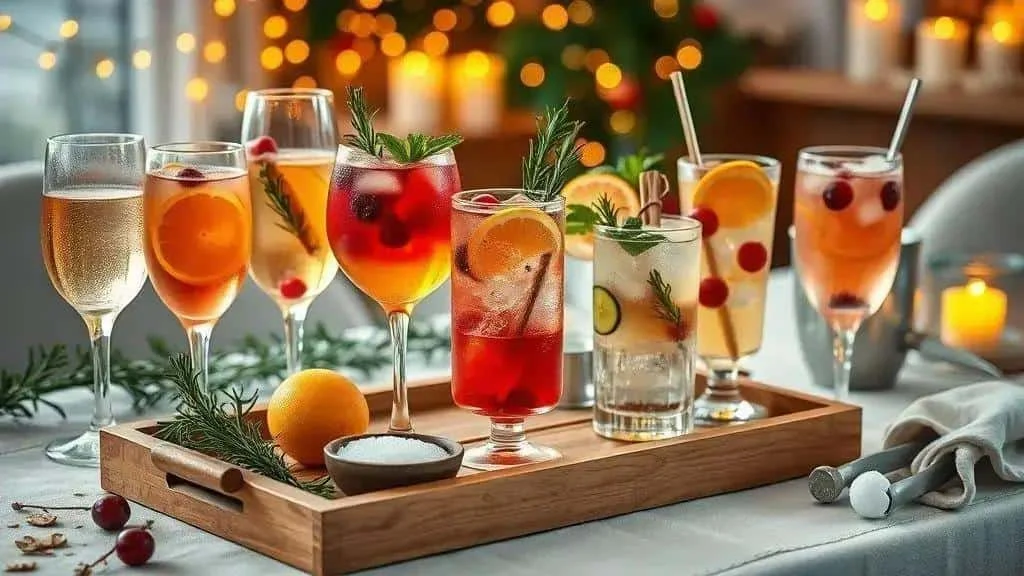 Festive drinks arranged on a tray with citrus and rosemary