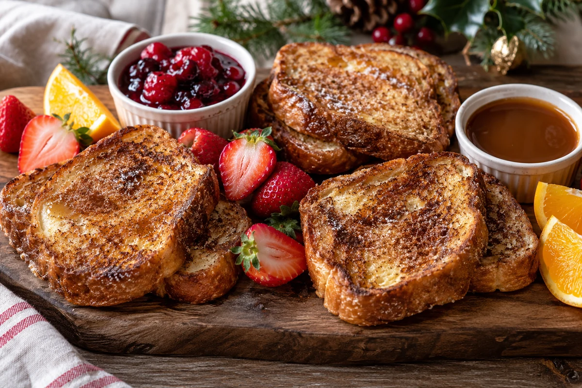 Festive French toast board with fruit and dipping sauces