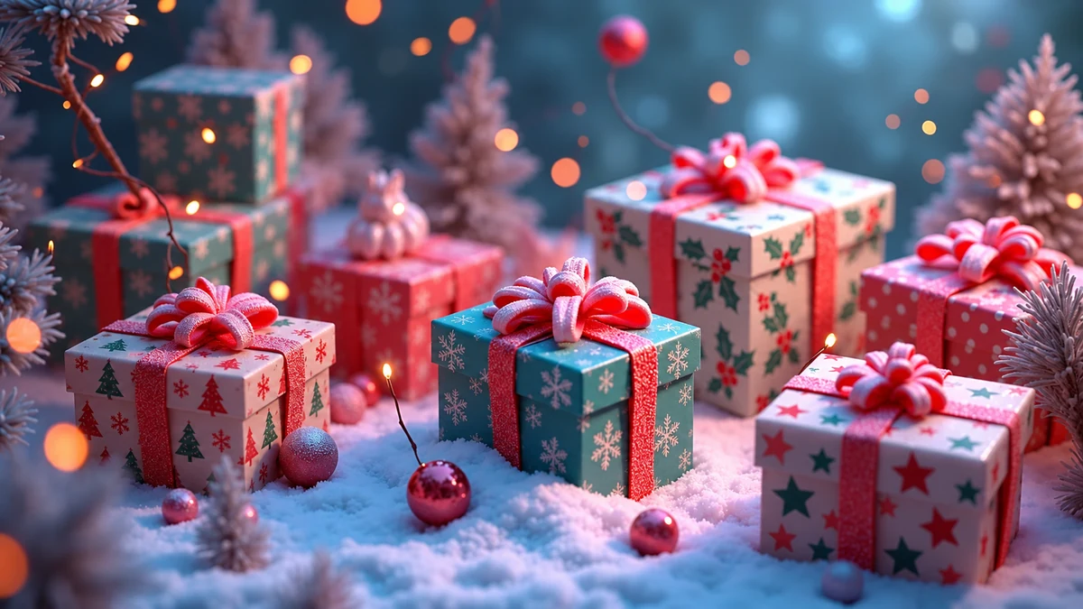Festive gift boxes wrapped with patterned paper