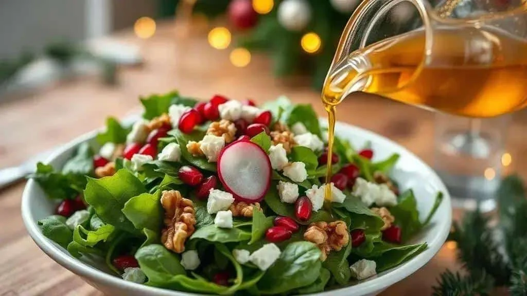 Festive green salad with radishes, walnuts and dressing