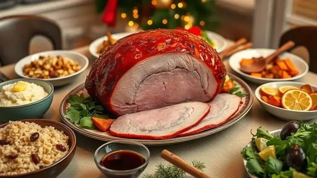 Festive ham with rice vegetables and sauces
