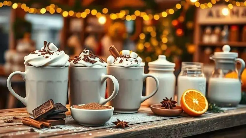 Festive hot chocolate station with milk and cream jugs Festive hot chocolate station with milk and cream jugs