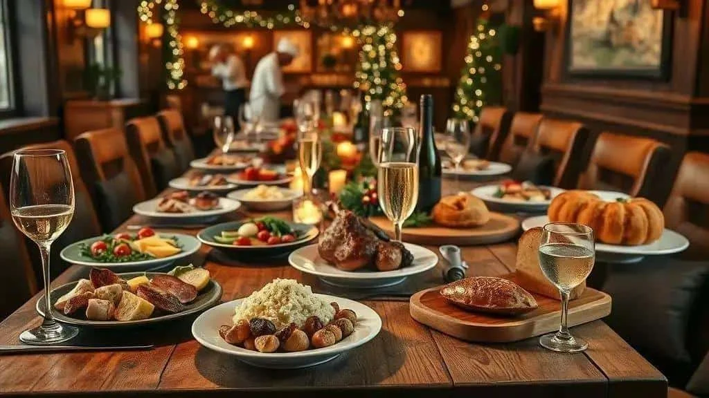 Festive Italian-style dining table with savoury dishes and cakes