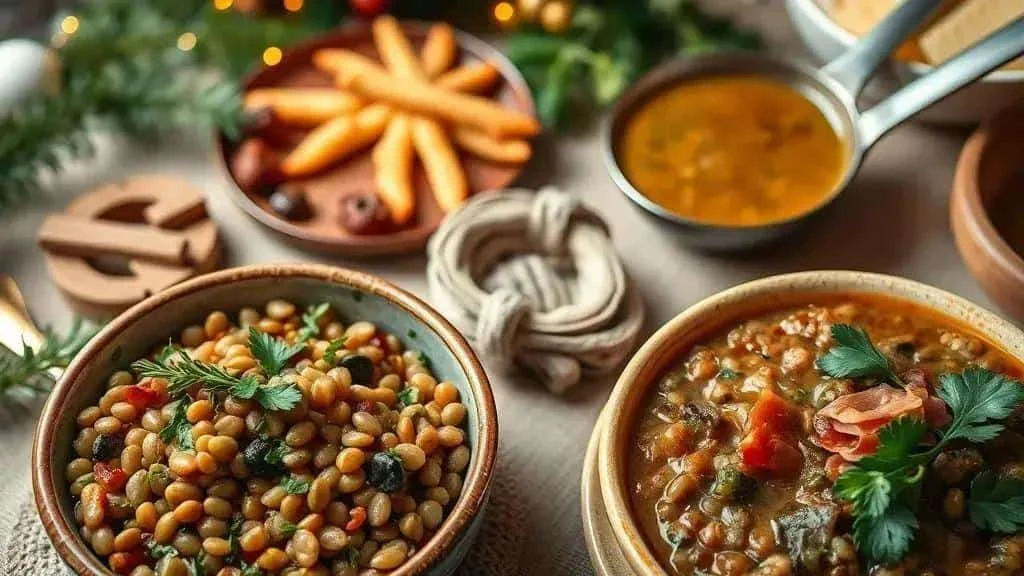 Festive lentil salad and stew with herbs, vegetables and bread