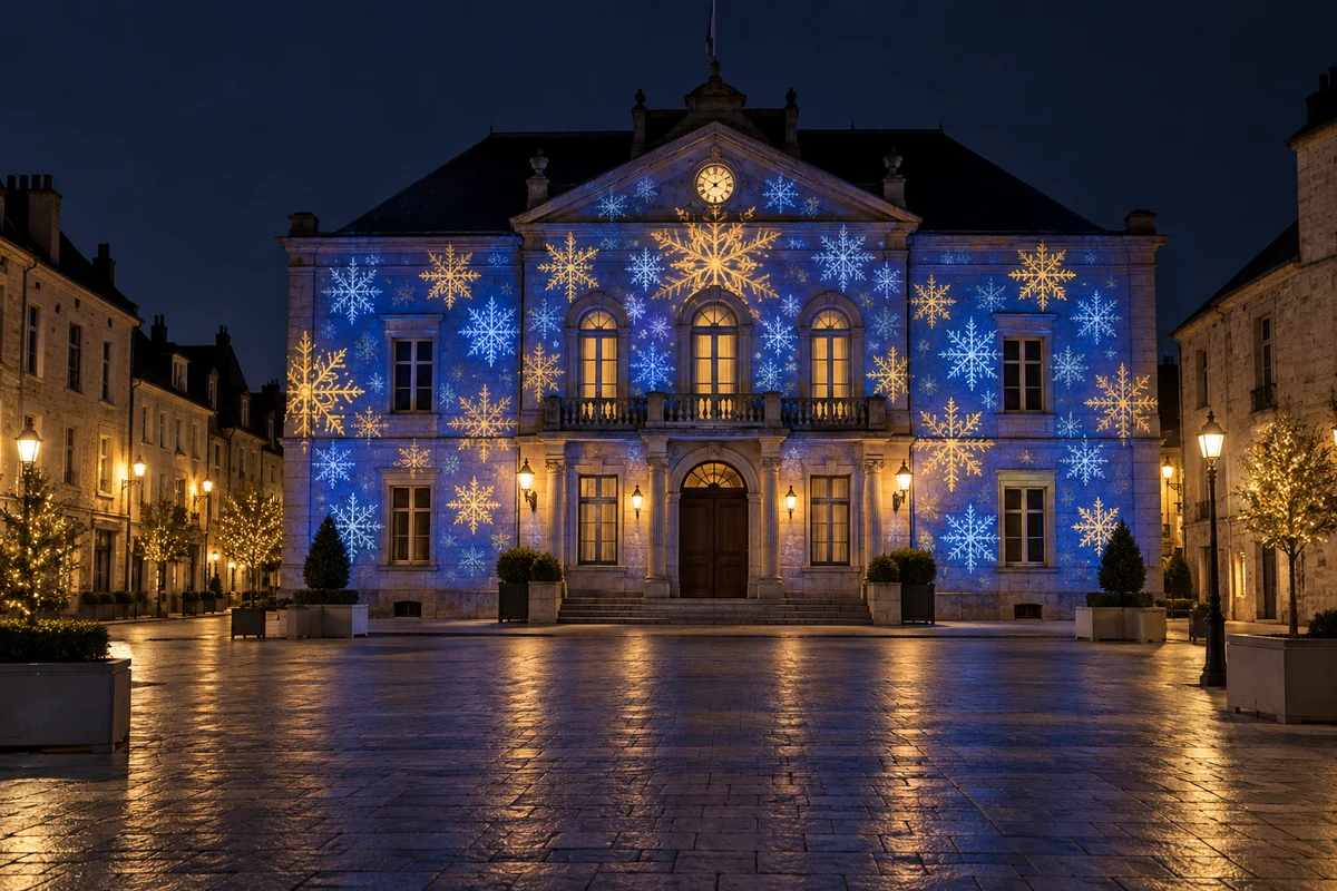 Festive light projections on a town building