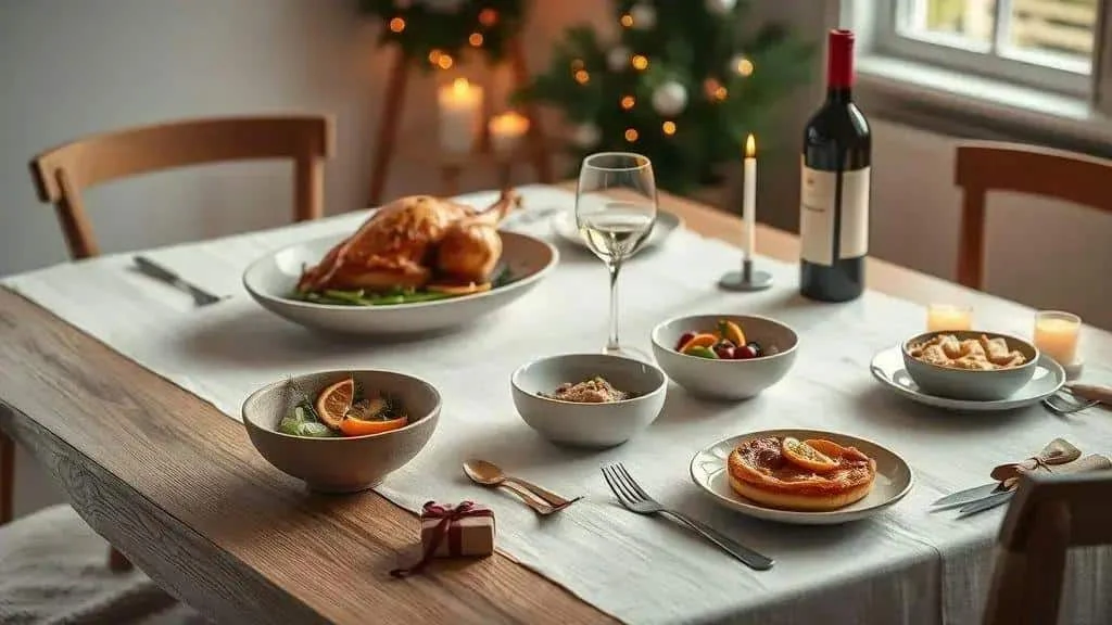 Festive meal with roast chicken vegetables and small desserts